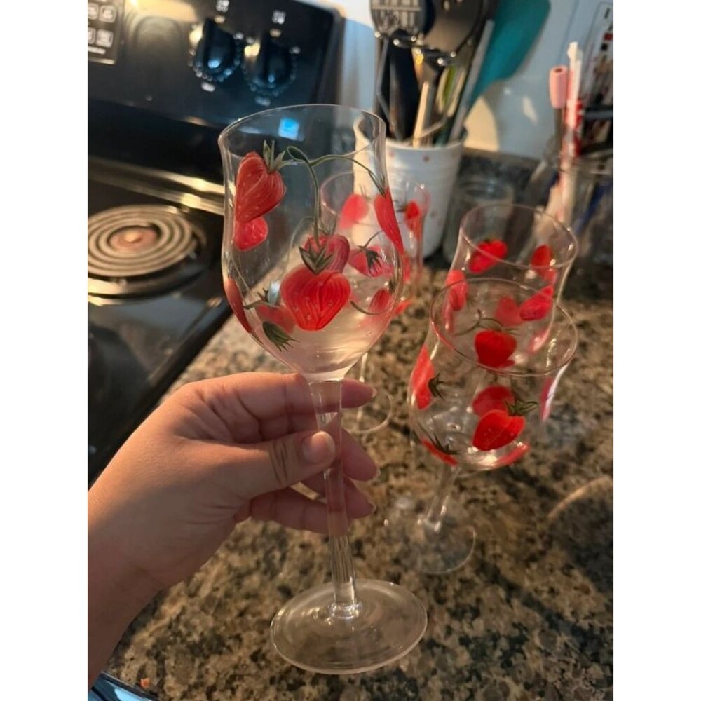 Set of 4 Hand painted Strawberry Wine Glasses